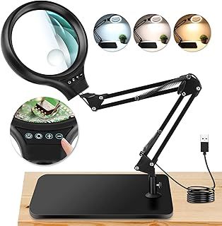 NZQXJXZ 10X 30X Large Magnifying Glass with Light and Stand, LED Lighted Magnifier lamp, 3 Colour Modes Stepless Dimmable, Hands-Free Magnifying Glass Desk Lamp for Reading Craft Hobby Close Work