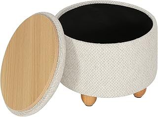 WOLTU Round Stool with Storage Space, Footstool with Lid, Padded Stool with Solid Wood Legs, Linen Cover, Diameter 39 x 33 cm, Cream White