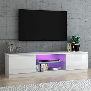 Panana Modern TV Unit Cabinet Stand LED Cupboard 160CM Matt Body and High Gloss Front (White)