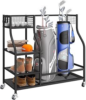 Golf Bag Storage Rack, Large Golf Bag Stand for 2 Golf Bags and Other Golfing Equipment Accessories, Metal Golf Club Storage Organiser with Lockable Wheels for Garage Shed Basement, TBL003B