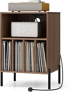 CASART Record Player Stand, Turntable Stand with Charging Station, Metal Legs & Cable Hole, Vinyl Record Storage Cabinet Holds up to 150 Albums End Table for Living Room Bedroom (Walnut)