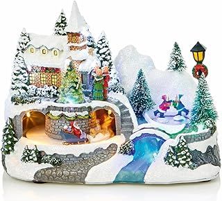 Premier Large LED Light Up Christmas Animated Traditional Village Snow Scene with Three Rotating Turntables - Santa Sleigh and Skaters
