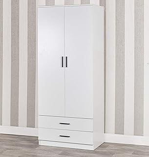 URBNLIVING Tall Wooden 2 Door Wardrobe With 2 Drawers Bedroom Storage Hanging Bar Clothes (White Carcass + White Drawers)