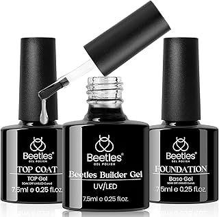 Beetles 3 Pcs 7.5ml Builder Nail Gel No Wipe Base Top Coat Set, Shine Finish and Long Lasting, Soak Off LED Transparent Builder Strengthener Hard Gel Base Top Coat Glossy Shine Finish
