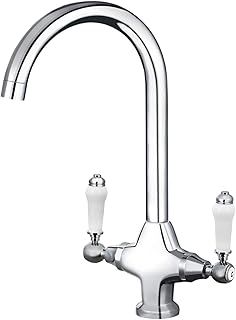 Traditional Kitchen Sink Mixer Tap Elegant Ceramic Dual Lever Monobloc Swivel Spout Classic Kitchen Faucet 1 Hole Kitchen Tap, Chrome