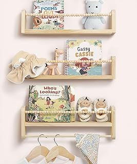 Wooden Floating Book Shelves for Wall, Set of 3 Wall Mounted Children’S Book Shelves for Kids Nursery Decor, Small Floating Shelf Organizer for Kitchen Spice Rack With Wooden Bead Design