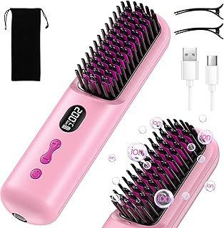 HOMELYLIFE Cordless Hair Straightener Brush, Portable Hair Straightener Brush for Travel, Negative Ion 9600mAh USB Rechargeable Heated Straightening Brush Hot Comb for Women Beard Straightener for Men
