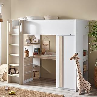 happybeds White Kids High Sleeper, Ocean Pale Wood and White Children's High Sleeper with Storage