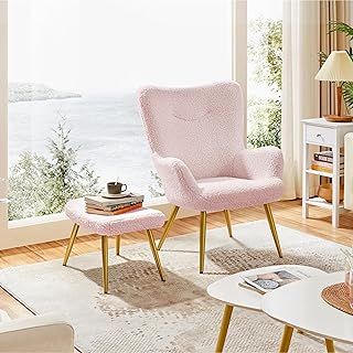 Yaheetech Boucle Armchair, Sherpa Fuzzy Tub Chair, Lounge Chair with High Back and Ottoman Footstool for Living Room, Bedroom, Study, Pink
