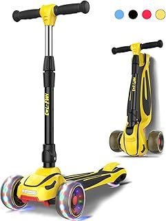 LOL-FUN 3 Wheel Toddler Scooter for Kids Ages 3-8 Years Old Boy Girl, Foldable Kids scooter with 4 Adjustable Height, Extra-Wide Childrens Kick Scooter with Lean-to-Steer and LED Flashing Wheels