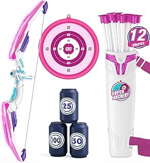 Bow and Arrow for Kids, LED Light Up Archery Set with Suction Cup Arrows, Hanging Targets, Score Targets, Quiver, Indoor Outdoor Sport Gifts for Girls Ages 4-12