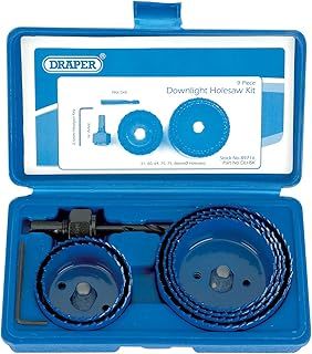 Draper 9-Piece Holesaw Kit for Downlights | Hole Cutter Set | 51 to 86mm Carbon Steel Blades | HSS Pilot Drill | Hexagon Key | 89716