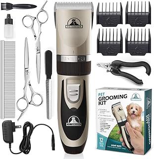 Pet Union Professional Grooming Kit - Rechargeable, Cordless Pet Grooming Clippers & Accessories, Low Noise, Suitable for Dogs, Cats and Other Pets (Gold)