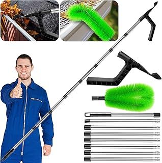 2-in-1 Gutter Cleaning Tools, 3.2m Gutter Brush & Cleaning Scraper, Telescopic Gutter Cleaning Tools with 8 Section Pole, Gutter Cleaner Scoop for Cleaning Leaves and Moss (8Pole+Scoop+Brush)
