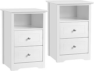 Yaheetech 2pcs Bedside Tables, Wooden Nightstand Cabinet with 2 Drawers and Open Cupboard, Sofa Side End Table Storage Unit for Living Room/Bedroom, White, 35 x 40 x 61cm