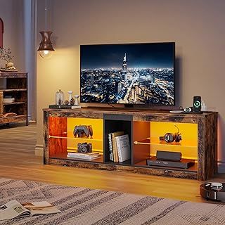 Bestier 140cm TV Stand Cabinet for 55/65 Inch TVs – Modern Entertainment Unit with RGB LED Lights, Glass Shelf, 3 Power Outlets & 2 USB Ports, Rustic Brown TV Unit for Living Room or Bedroom