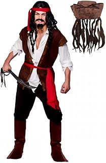 Adult Mens Caribbean Captain Jack Pirate Fancy Dress Costume + Hat With Hair & Beads (Men: X-Large)