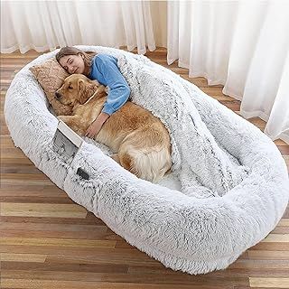 Human Dog Bed for Adults Human Sized Dog Bed, Extra Large Dog Bed with Removable Cover, Faux Fur Orthopedic Dog Sofa Bed for Adults and Pets with Storage Pocket, 185x120x30cm, Grey