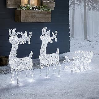 Lights4fun Outdoor LED Reindeer & Sleigh Christmas Acrylic Light Up Figure Garden Display Decoration with 240 Dual Colour LEDs Plug In with Timer 70cm