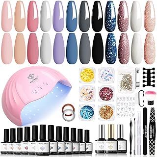Modelones Gel Nail Kit, 12 Colors Red Pink Glitter Gel Nail Polish Set with 48W Nail Lamp Glossy & Matte Gel Top Base Coat /Essential Manicure Tool Nail Art DIY Salon