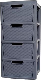 Large Plastic Drawer Storage Unit - Rattan Effect 4 Drawer Cabinet - Multipurpose Storage Organiser - Office, Tabletop Desktop Drawer - Bedroom Chest Drawer Unit - (Grey, 4 Drawer)