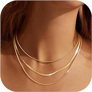 LOLIAS 3Pcs Gold Snake Chain Necklace Women Herringbone Necklace Gold Stainless Steel Choker Flat Chain Necklaces Jewellery Adjustable Gold/Silver Snake Chain 1/3MM(W) 35/40/45CM(L) for Women Girl