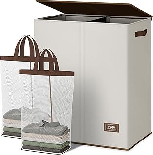 SOLEDI 145L Laundry Basket with Lid and Removable Bags, Large Laundry Hamper Collapsible Laundry Basket with 2 Compartment, Washing Basket for Laundry Foldable Baskets for Bedrooms - Off-White