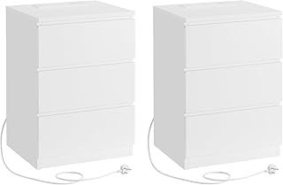 VASAGLE Bedside Table with Charging Station, Set of 2, Side End Tables with 3 Drawers, 2 AC Outlets, 2 USB Ports, for Living Room, Bedroom, Study, Modern, Cloud White and Almond Yellow LET831Y02