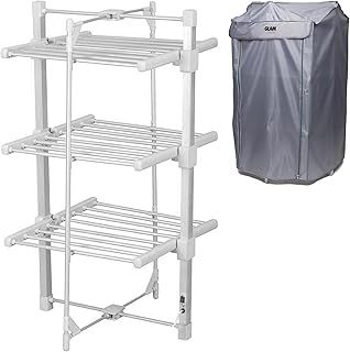 GlamHaus Electric Heated Clothes Airer Dryer Rack Aluminium with Cover Indoor - Folds Flat for Easy Storage - 3 Tier Design - Only 220W