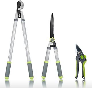 Hortem Garden Shears Set with 28" Tree Loppers Heavy Duty, 23" Professional Hedge Clippers, 8" Sharp Pruning Shears as Tree & Shrub Care Kit