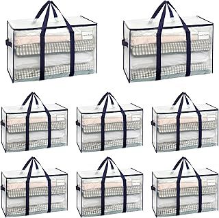 VENO 8 Pack Extra Large Moving Storage Bags with Zips, Heavy-Duty Organizer Tote, Moving Box Alternative, Packing Supply, Clothes Storage Bin, Tag Pocket for Label, Water-Resistant (Clear, 8 Pack)