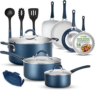 NutriChef, Stackable Pots and Pans Set - Ceramic Non Stick Pan Set, Induction Hob Cookware Set, Premium Cooking Set w/Lids, Heat Resistant, 14 Pcs, Blue