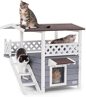 Cat Outdoor House Waterproof, Outdoor Cat House, with Scratch Board, 2 Story Design with Escape Door Perfect for Multi Cats, Outside Cat House Gray