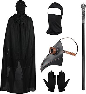 Lifreer Halloween Cosplay Costume Set, Plague Doctor Mask Long Nose Beak Mask with Black Gloves, Hooded Cloak, Full Face Mask, Cane Masquerade Party Costume Props