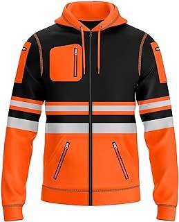 Mens Hi Vis Pullover Hoodie Reflective Tape Safety Work Drawstring Multi Zipped Pockets High Viz High Visibility Hoodie Sweatshirt