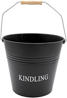 Garden Mile® Black Fireside Kindling Bucket - Vintage Style Weather Resistant Fireplace Wood Burner Coal Storage - Modern Portable Metal Bucket Log Burner Accessories With Wood Log Holder