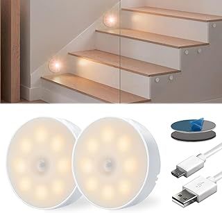 2 Pack Motion Sensor Lights Indoor, 300mAh USB Rechargeable Battery Powered 3000K Warm White 20LM, Wireless Energy-Efficient Night Light with Magnetic Base for Hallways/Bathrooms/Wardrobes
