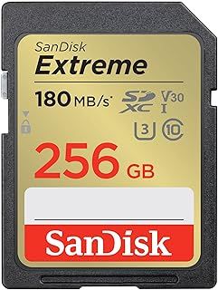 SanDisk 256GB Extreme SDXC card, SD card up to 180MB/s, V30 Memory card, UHS-I, Class, 10, U3, V30, RescuePro Deluxe data recovery software.