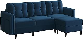 Yaheetech Fabric Sectional Sofa with Ottoman, L-shaped Sofa Couch with Side Pockets or Small Spaces, Reversible 3-Seater Chaise Lounge for Living Room, Home Office, Velvet Fabric, Blue