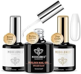 Modelones Builder Gel with Top Coat and Base Coat Set, 3Pcs No Wipe Base and Top Coat Gel Nail Polish with Gel Builder for Nails, Hard Gel Nail Strengthener Extension Builder Gel in a Bottle