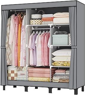 LOEFME Fabric Closet Folding Wardrobe - 172*130*45cm, Grey, Portable Storage Organiser with 2 Hanging Rails