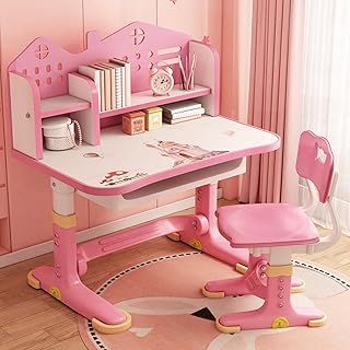 UDIYO Height Adjustable Kids Desk and Chair Set With Drawers and Storage, Cartoon Pattern, School Study Desk for Boys Girls (Pink 2)