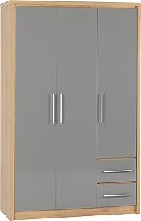 Seconique Seville 3 Door 2 Drawer Wardrobe in Grey Gloss/Light Oak Effect Veneer