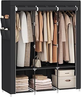 SONGMICS Clothes Wardrobe, Portable Closet with Cover, 130 x 45 x 167 cm, 3 Hanging Rails, Shelves, 4 Side Pockets, Large Capacity for Bedroom, Living Room, Black RYG092B02