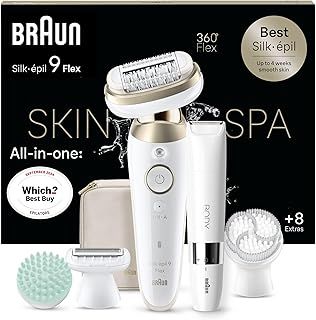 Braun Silk-épil 9 Flex SkinSpa, Epilator with 360° Flexible Head for Easy Hair Removal, Wet & Dry, Lasting Smooth Skin, All-in-One Kit, with Body Mini Shaver, SES9-481 3D, White/Gold