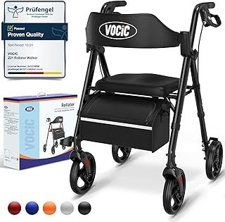 VOCIC Rollator Walker with Seat, Brakes, Bag, Foldable Rollator Walking Aid, Adjustable Height, Lightweight Rollator for Disabled, 20cm/8'' Wheels for All Terrain, 5 Year Guarantee,Black