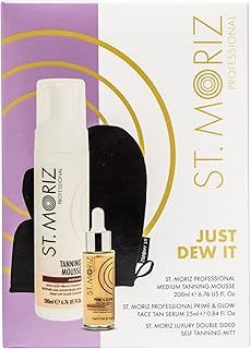 St Moriz Just Dew It Fake Tan Gift Set | 1 x St Moriz Medium Tanning Mousse, 1 x Prime & Glow Face Tan Serum & 2 x Luxury Double Sided Tanning Mitt | Christmas Gifts