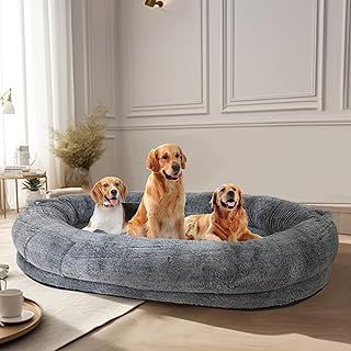 Large Human Dog Bed: Big Bean Bag Mat for Humans BeanBag Dog Mattress with Cozy Blanket Human-Sized Large Pet Pad or Adults, Pets Grey (170x110x35cm)