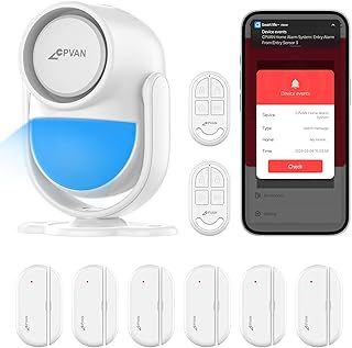 CPVAN Home Alarm System, WiFi PIR Motion Sensor Alarm, Wireless DIY Smart Door/Window Alarm for Home Security with Phone APP Alert 9 Pieces Kit (Indoor PIR Alarm Hub, 6 Door Sensors, 2 Remotes), CP2W.