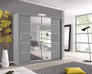 OSLO Modern Mirror sliding door wardrobe with LED Light Width 150cm/180cm/203cm (Grey, 150cm)